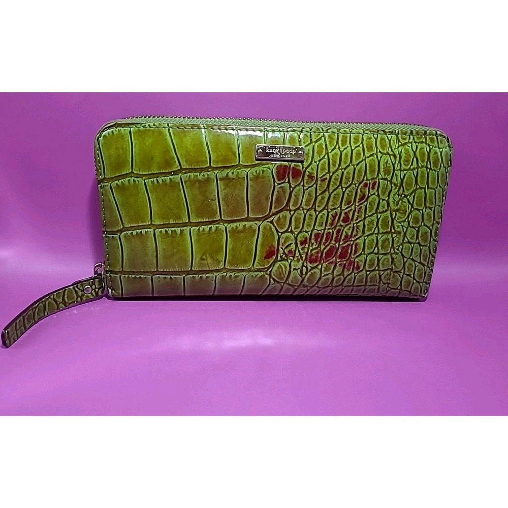 Kate‎ Spade Green Croc Embossed Leather Zip Around Wallet
